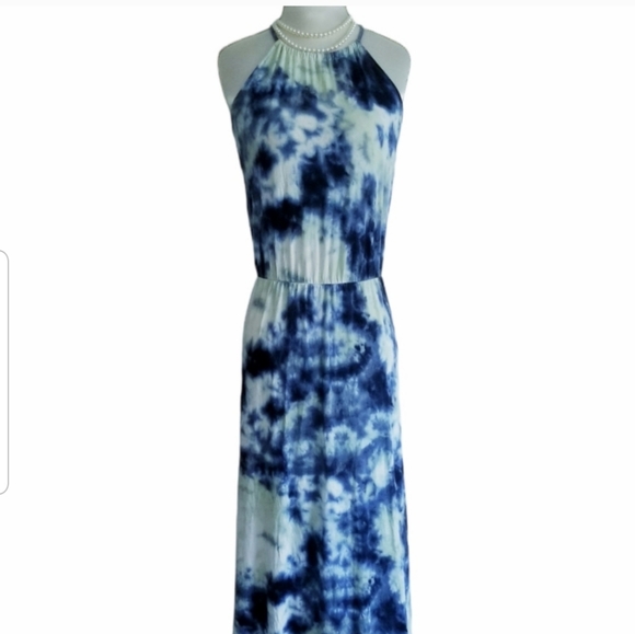 Halter Maxi Dress Tie Dye Side Slit Maxi Summer Dress - Picture 2 of 15